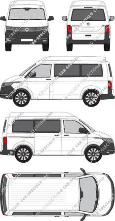 Volkswagen Transporter, T6.1, microbús, alto tejado media, paso de rueda corto, Rear Flap, 1 Sliding Door (2019)