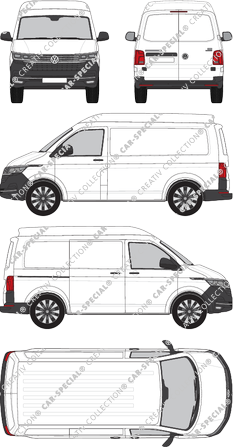 Volkswagen Transporter, T6.1, furgón, alto tejado media, paso de rueda corto, Rear Wing Doors, 1 Sliding Door (2019)