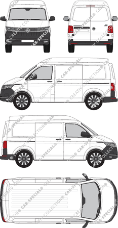 Volkswagen Transporter, T6.1, furgón, alto tejado media, paso de rueda corto, Rear Wing Doors, 2 Sliding Doors (2019)