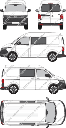 Volkswagen Transporter, T6.1, furgón, alto tejado media, paso de rueda corto, ventana de parte trasera, cabina doble, Rear Wing Doors, 1 Sliding Door (2019)