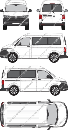 Volkswagen Transporter, T6.1, Kleinbus, Mittelhochdach, empattement court, Rear Wing Doors, 1 Sliding Door (2019)