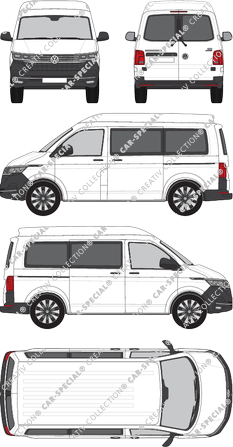 Volkswagen Transporter, T6.1, microbús, alto tejado media, paso de rueda corto, Rear Wing Doors, 2 Sliding Doors (2019)