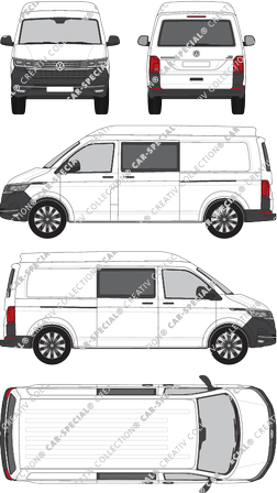 Volkswagen Transporter, T6.1, furgone, Mittelhochdach, empattement long, vitre arrière, Doppelkabine, Rear Flap, 2 Sliding Doors (2019)