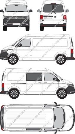 Volkswagen Transporter, T6.1, furgón, alto tejado media, paso de rueda largo, Heck verglast, rechts teilverglast, Rear Wing Doors, 1 Sliding Door (2019)