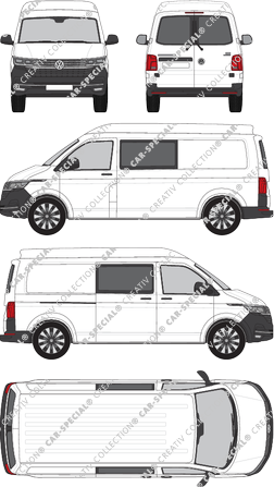 Volkswagen Transporter, T6.1, furgone, Mittelhochdach, empattement long, vitre arrière, Doppelkabine, Rear Wing Doors, 1 Sliding Door (2019)