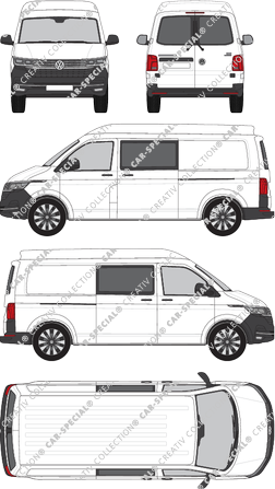 Volkswagen Transporter, T6.1, furgone, Mittelhochdach, empattement long, vitre arrière, Doppelkabine, Rear Wing Doors, 2 Sliding Doors (2019)