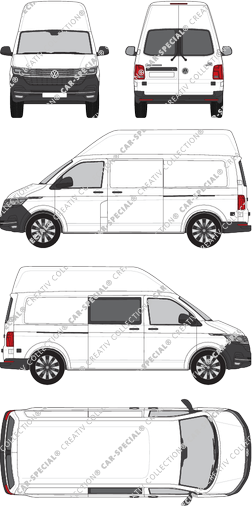 Volkswagen Transporter, T6.1, furgone, tetto alto, empattement long, Heck verglast, rechts teilverglast, Rear Wing Doors, 2 Sliding Doors (2019)