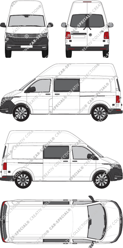 Volkswagen Transporter, T6.1, furgón, tejado alto, paso de rueda largo, ventana de parte trasera, cabina doble, Rear Wing Doors, 2 Sliding Doors (2019)