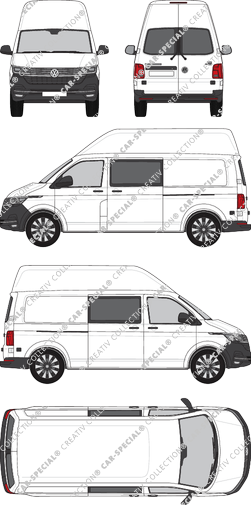 Volkswagen Transporter, T6.1, fourgon, toit haut, langer Radstand, Heck verglast, double cabine, Rear Wing Doors, 2 Sliding Doors (2019)