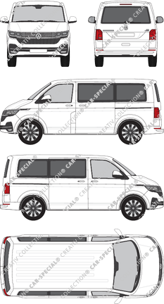 Volkswagen Transporter Caravelle, T6.1, minibus, normal roof, short wheelbase, Rear Flap, 2 Sliding Doors (2019)