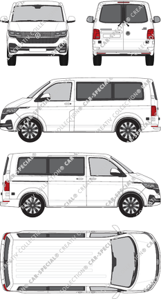 Volkswagen Transporter Caravelle, T6.1, minibus, normal roof, short wheelbase, Rear Wing Doors, 1 Sliding Door (2019)