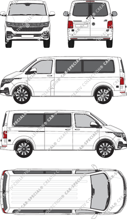 Volkswagen Transporter Caravelle, T6.1, minibus, normal roof, long wheelbase, Rear Wing Doors, 1 Sliding Door (2019)