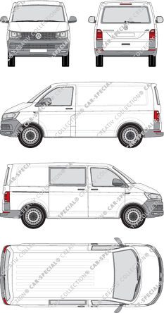 Volkswagen Transporter, T6, Kastenwagen, Normaldach, kurzer Radstand, Heck verglast, rechts teilverglast, Rear Flap, 1 Sliding Door (2015)