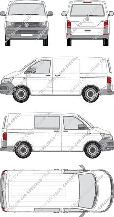 Volkswagen Transporter, T6, furgón, tejado normal, paso de rueda corto, Heck verglast, rechts teilverglast, Rear Flap, 2 Sliding Doors (2015)