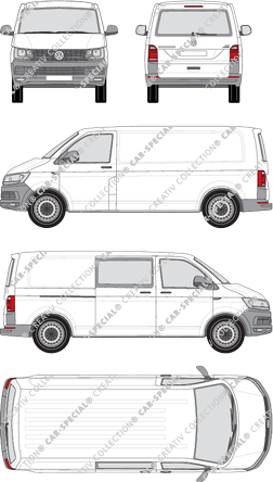 Volkswagen Transporter, T6, Kastenwagen, Normaldach, langer Radstand, Heck verglast, rechts teilverglast, Rear Flap, 1 Sliding Door (2015)
