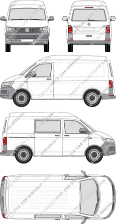 Volkswagen Transporter, T6, furgone, Mittelhochdach, empattement court, Heck verglast, rechts teilverglast, Rear Flap, 1 Sliding Door (2015)