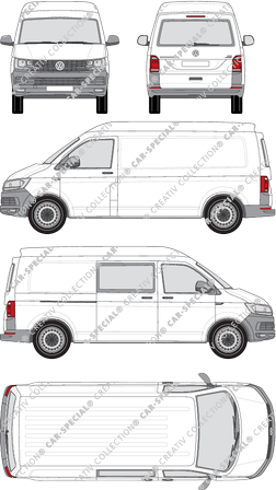 Volkswagen Transporter, T6, fourgon, toit intermédiaire, langer Radstand, Heck verglast, rechts teilverglast, Rear Flap, 1 Sliding Door (2015)