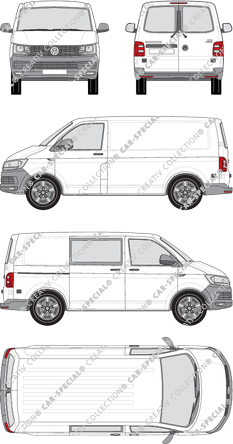 Volkswagen Transporter, T6, furgón, tejado normal, paso de rueda corto, Heck verglast, rechts teilverglast, Rear Wing Doors, 1 Sliding Door (2015)