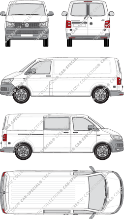 Volkswagen Transporter, T6, furgón, tejado normal, paso de rueda largo, Heck verglast, rechts teilverglast, Rear Wing Doors, 1 Sliding Door (2015)