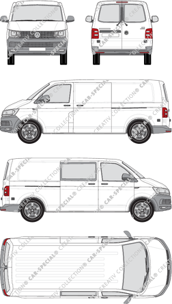 Volkswagen Transporter, T6, Kastenwagen, Normaldach, langer Radstand, Heck verglast, rechts teilverglast, Rear Wing Doors, 2 Sliding Doors (2015)