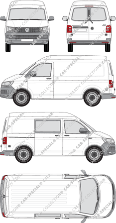 Volkswagen Transporter, T6, furgón, alto tejado media, paso de rueda corto, Heck verglast, rechts teilverglast, Rear Wing Doors, 1 Sliding Door (2015)