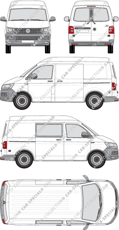 Volkswagen Transporter, T6, fourgon, toit intermédiaire, kurzer Radstand, Heck verglast, rechts teilverglast, Rear Wing Doors, 2 Sliding Doors (2015)