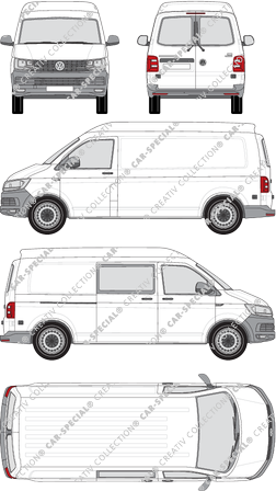 Volkswagen Transporter, T6, furgón, alto tejado media, paso de rueda largo, Heck verglast, rechts teilverglast, Rear Wing Doors, 1 Sliding Door (2015)