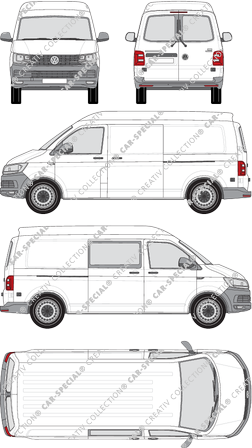 Volkswagen Transporter, T6, Kastenwagen, Mittelhochdach, langer Radstand, Heck verglast, rechts teilverglast, Rear Wing Doors, 2 Sliding Doors (2015)