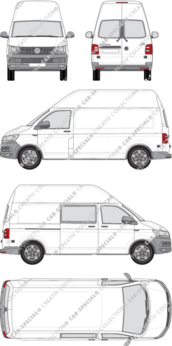 Volkswagen Transporter, T6, Kastenwagen, Hochdach, langer Radstand, Heck verglast, rechts teilverglast, Rear Wing Doors, 1 Sliding Door (2015)