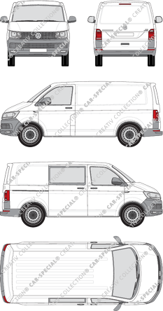 Volkswagen Transporter, T6, furgone, Normaldach, empattement court, rechts teilverglast, Rear Flap, 1 Sliding Door (2015)