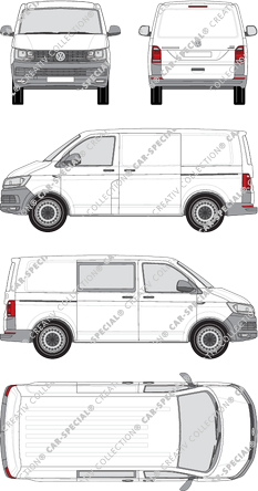 Volkswagen Transporter, T6, furgone, Normaldach, empattement court, rechts teilverglast, Rear Flap, 2 Sliding Doors (2015)