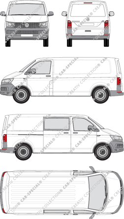 Volkswagen Transporter, T6, furgón, tejado normal, paso de rueda largo, rechts teilverglast, Rear Flap, 1 Sliding Door (2015)