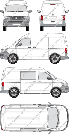Volkswagen Transporter, T6, furgone, Mittelhochdach, empattement court, rechts teilverglast, Rear Flap, 2 Sliding Doors (2015)
