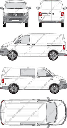 Volkswagen Transporter, T6, furgone, Normaldach, empattement court, rechts teilverglast, Rear Wing Doors, 2 Sliding Doors (2015)