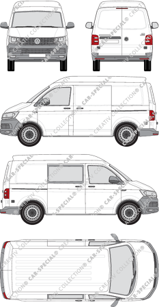 Volkswagen Transporter, T6, fourgon, toit intermédiaire, kurzer Radstand, rechts teilverglast, Rear Wing Doors, 2 Sliding Doors (2015)
