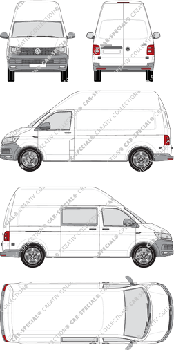 Volkswagen Transporter, T6, van/transporter, high roof, long wheelbase, rechts teilverglast, Rear Wing Doors, 1 Sliding Door (2015)