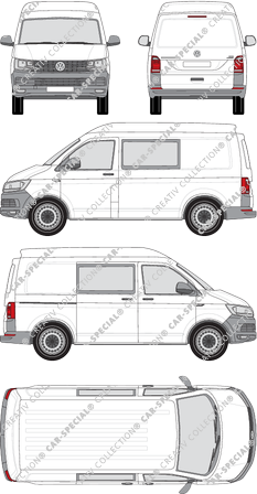 Volkswagen Transporter, T6, fourgon, toit intermédiaire, kurzer Radstand, double cabine, Rear Flap, 1 Sliding Door (2015)