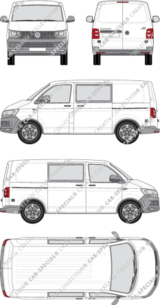 Volkswagen Transporter, T6, furgón, tejado normal, paso de rueda corto, cabina doble, Rear Wing Doors, 2 Sliding Doors (2015)