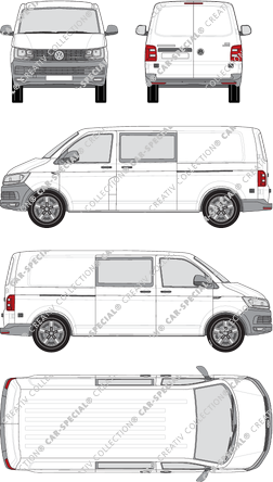 Volkswagen Transporter, T6, furgón, tejado normal, paso de rueda largo, cabina doble, Rear Wing Doors, 2 Sliding Doors (2015)