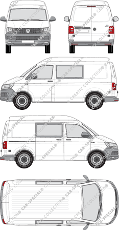 Volkswagen Transporter, T6, furgón, alto tejado media, paso de rueda corto, cabina doble, Rear Wing Doors, 1 Sliding Door (2015)