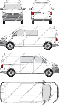 Volkswagen Transporter, T6, Kastenwagen, Mittelhochdach, langer Radstand, Doppelkabine, Rear Wing Doors, 1 Sliding Door (2015)