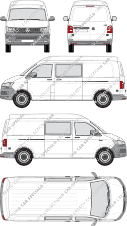 Volkswagen Transporter, T6, furgón, alto tejado media, paso de rueda largo, cabina doble, Rear Wing Doors, 2 Sliding Doors (2015)