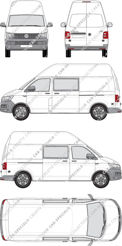 Volkswagen Transporter, T6, furgón, tejado alto, paso de rueda largo, cabina doble, Rear Wing Doors, 2 Sliding Doors (2015)