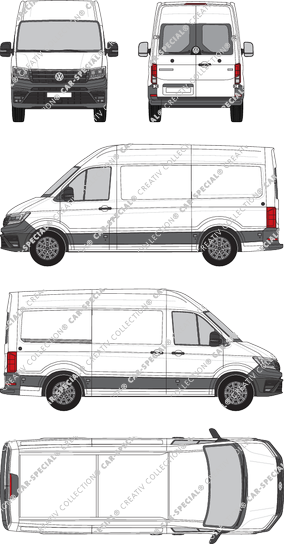 Volkswagen e-Crafter, tejado alto, furgón, L3H3, paso de rueda medio, ventana de parte trasera, Rear Wing Doors, 1 Sliding Door (2018)