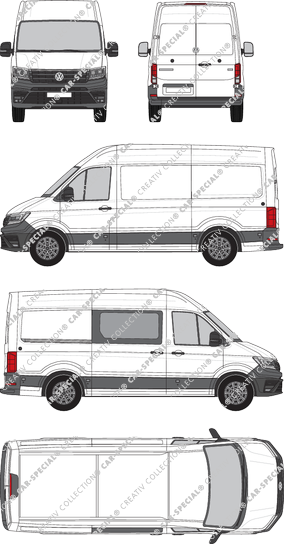 Volkswagen e-Crafter, Hochdach, Kastenwagen, L3H3, Radstand mittellang, teilverglast rechts, Rear Wing Doors, 1 Sliding Door (2018)