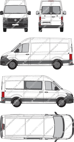 Volkswagen e-Crafter, high roof, van/transporter, L3H3, medium wheelbase, Heck verglast, teilverglast rechts, Rear Wing Doors, 1 Sliding Door (2018)