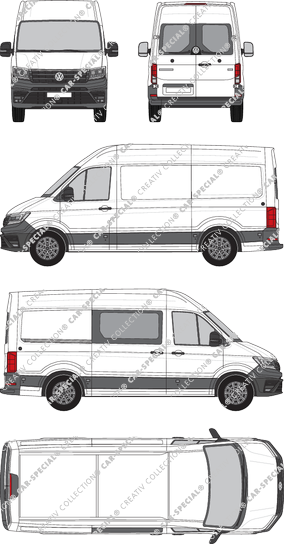 Volkswagen e-Crafter, Hochdach, Kastenwagen, L3H3, Radstand mittellang, Heck verglast, teilverglast rechts, Rear Wing Doors, 1 Sliding Door (2018)