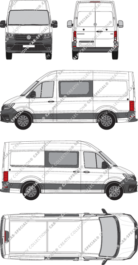 Volkswagen e-Crafter, toit haut, furgone, L3H3, empattement  moyen, Doppelkabine, Rear Wing Doors, 1 Sliding Door (2018)