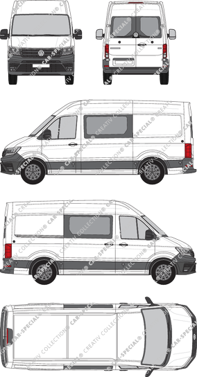 Volkswagen e-Crafter, toit haut, furgone, L3H3, empattement  moyen, vitre arrière, Doppelkabine, Rear Wing Doors, 1 Sliding Door (2018)