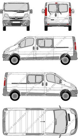 Vauxhall Vivaro, furgón, L2H1, ventana de parte trasera, cabina doble, Rear Wing Doors, 2 Sliding Doors (2006)